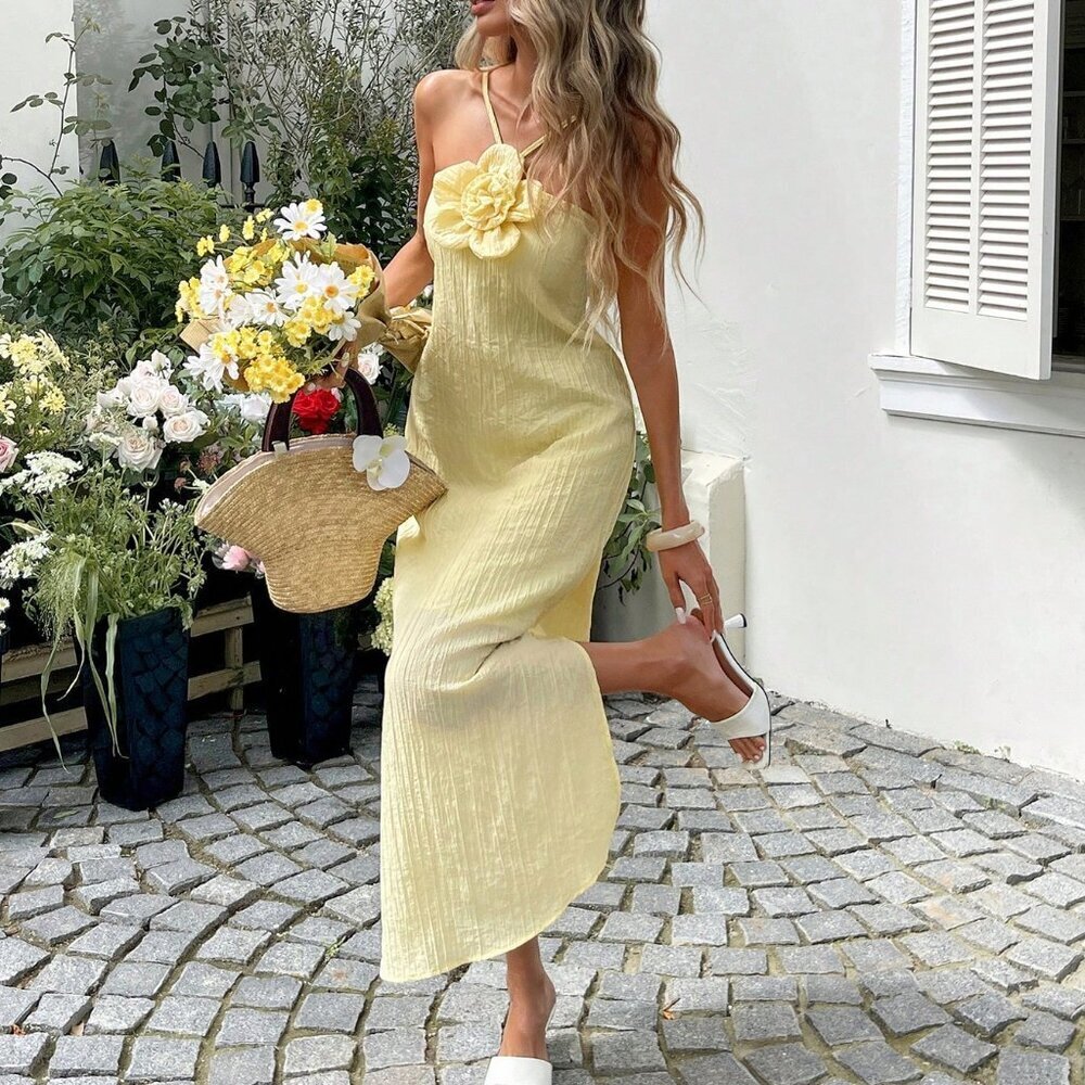 Yellow Casual Bohemian Women's Floral Halter Maxi Dress - Picture 1 of 6